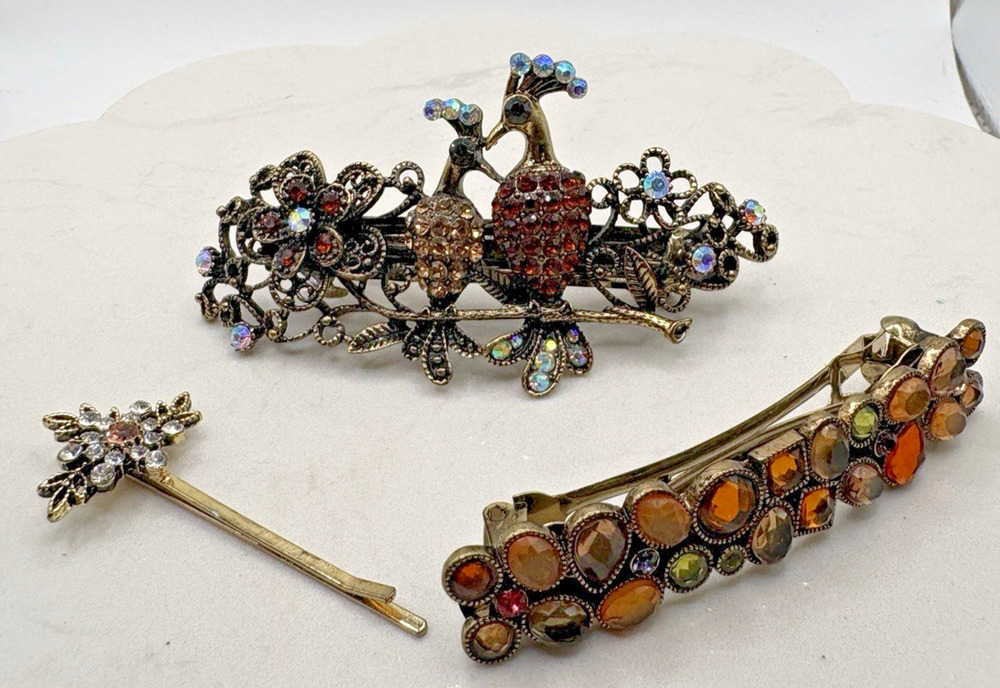 Peacock Floral Two Barrettes Hair Clips One Clip Pin Rhinestone Crystal Colorful